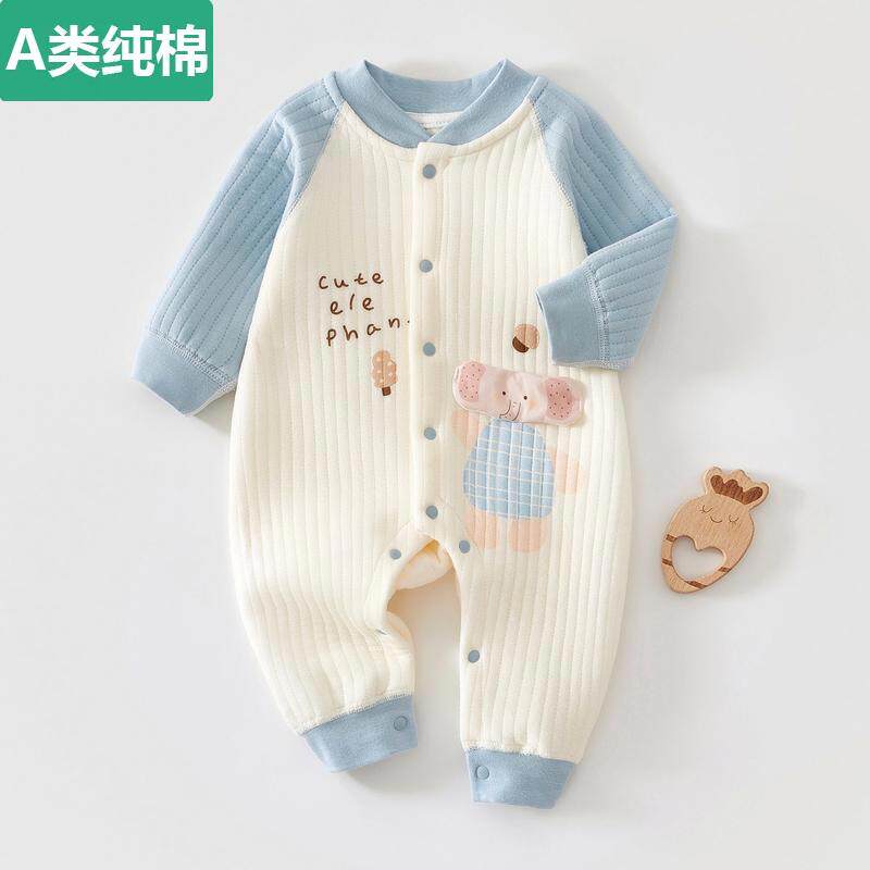 全棉新生婴儿连体衣三层夹丝棉秋冬季保暖居家服宝宝睡衣哈衣爬服