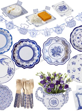 青花瓷主题装扮用品纸盘纸杯纸巾餐具蓝色青花瓷挂饰挂件摆件合集