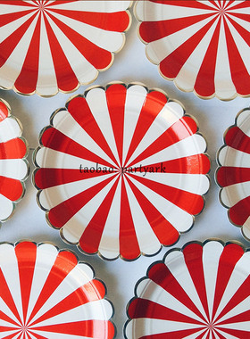 红色派对装扮用品一次性烫银花边条纹纸盘生日圣诞节party盘子