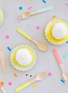 一次性彩色木质刀叉勺粉蓝色马卡龙纯色治愈系刀叉勺派对装扮餐具