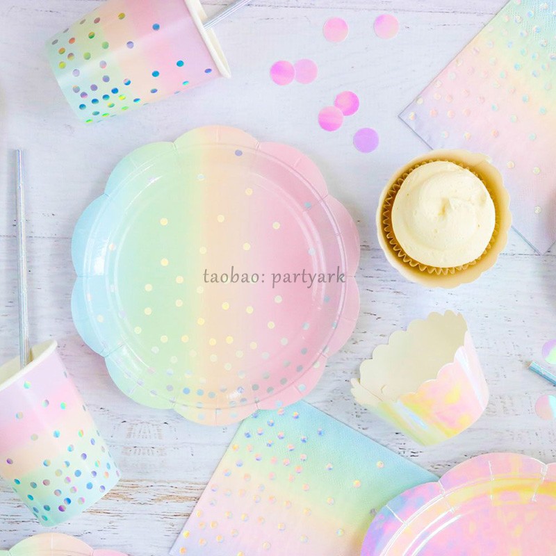 花朵渐变镭射圆点纸盘纸杯儿童生日布置iridescent pastel plates 节庆用品/礼品 节日装扮用品 原图主图