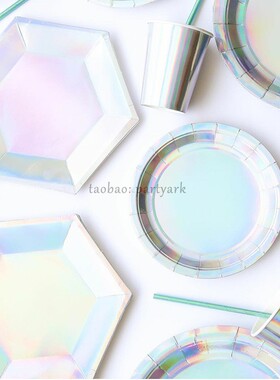 银色镭射纸盘纸杯套装炫彩一次性派对餐具Iridescent Laser plate