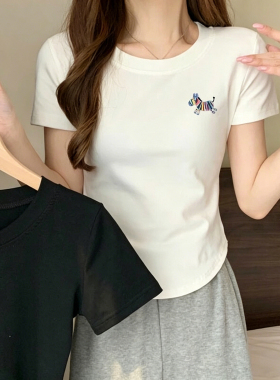 夏季新款纯棉螺纹小个子辣妹正肩短袖T恤女修身显瘦百搭弧形下摆