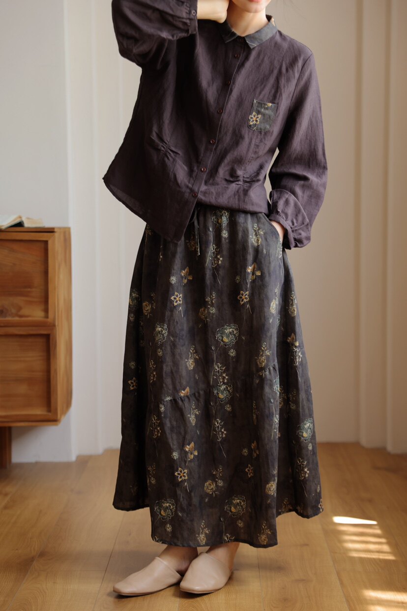 原创复古小众印花套裙2026秋季新款文艺休闲百搭显瘦长袖衬衫女