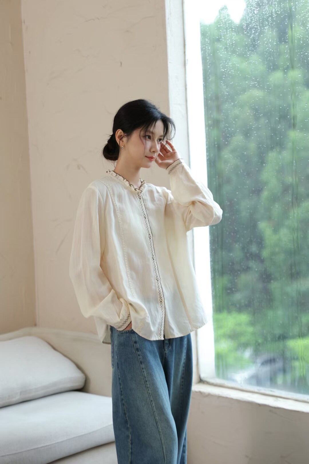 原创复古明线撞色花边领天丝麻衬衫2025秋款简约文艺通勤森系衬衣