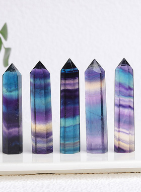 新款七彩萤石水晶柱手工抛光