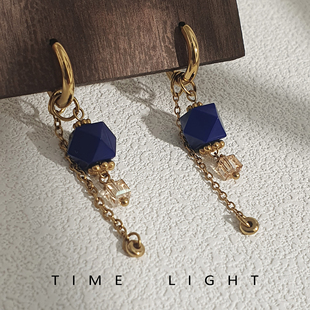 拾光集原创轻奢蓝色水晶链条耳环女时尚 百搭精致通勤几何吊坠耳饰