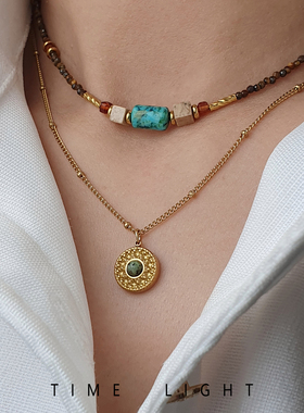 拾光集复古天然石金色双层锁骨链