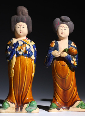 唐三彩仕女摆件电视柜博古架玄关陶瓷工艺品古典胖美女家居装饰品