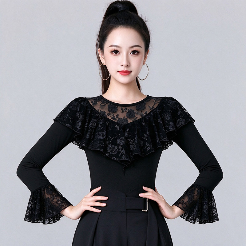 绚悦新款蕾丝拼接喇叭袖摩登舞训练服长袖上衣女修身成人舞蹈服装