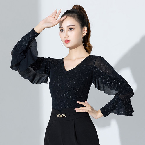 摩登舞上衣V领长袖连体舞蹈服装