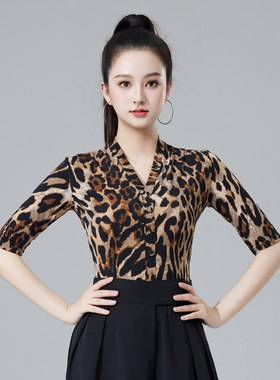 拉丁舞连体上衣女成人摩登舞服V领豹纹印花练功服表演服装交谊舞