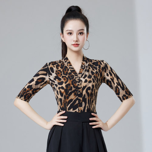拉丁舞连体上衣女成人摩登舞服V领豹纹印花练功服表演服装交谊舞