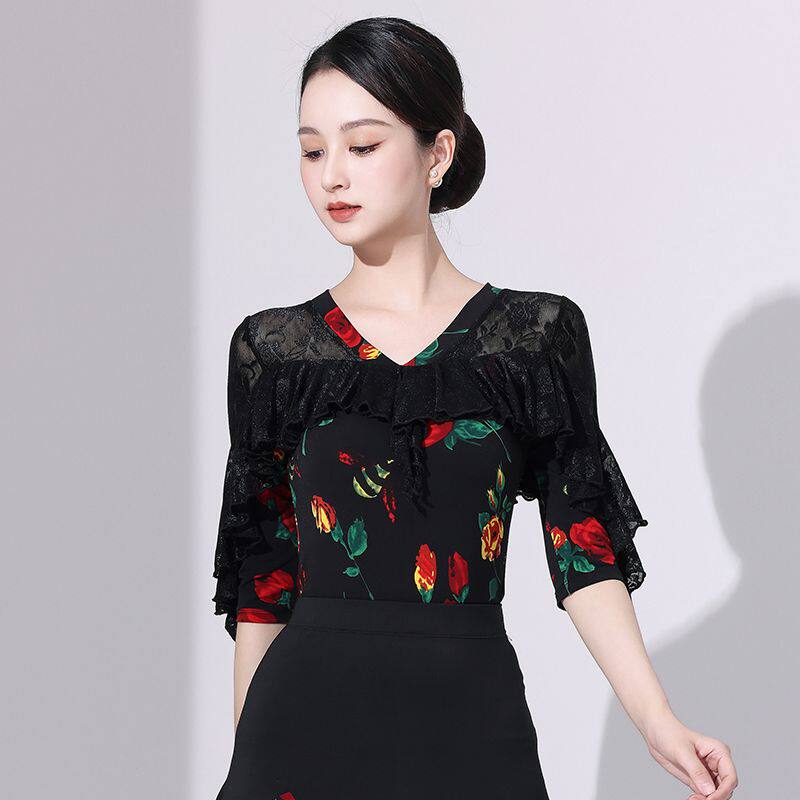 舞衣女成人女款新款上衣摩登舞时尚拉丁舞服中袖舞蹈演出练功服装