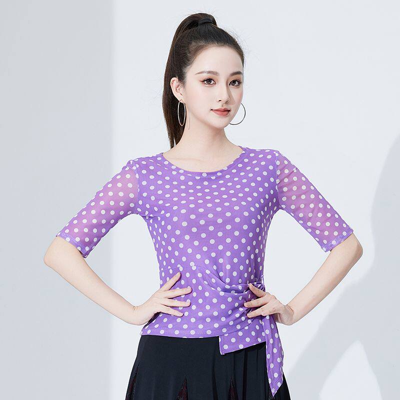 摩登舞舞服上衣女修身新款波点练功服跳舞交际舞时尚广场舞舞衣