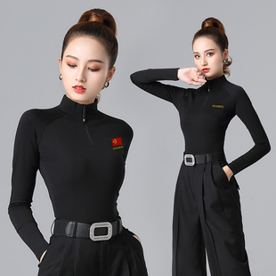 拉丁舞上衣女加絨跳舞新款 長袖 高領秋冬季 練功服團體 國標舞蹈服裝