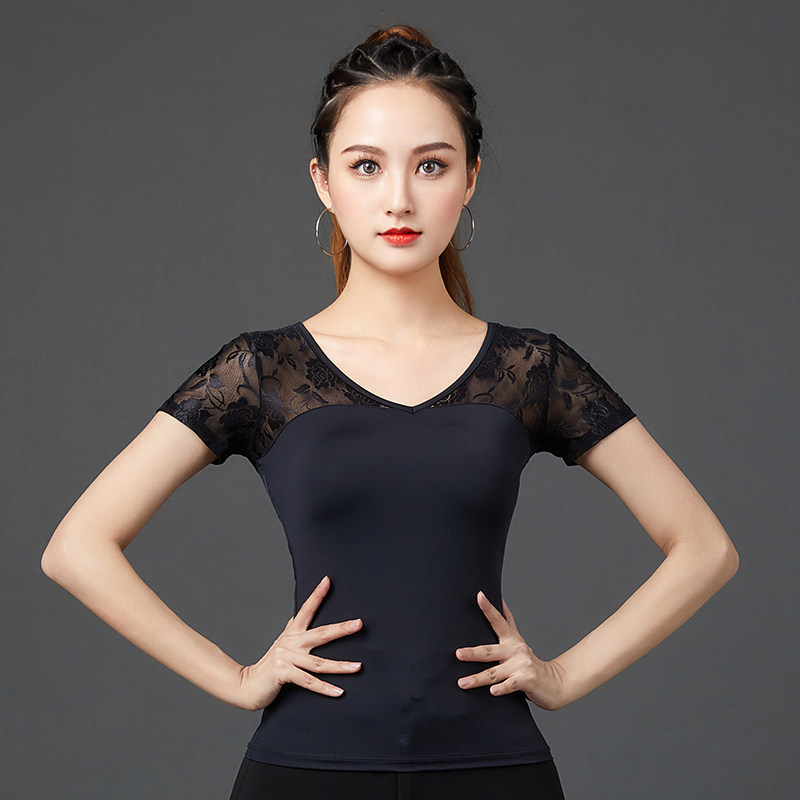 新款拉丁舞练功服女跳国标舞服上衣摩登舞大码舞衣蹈短袖时尚黑色