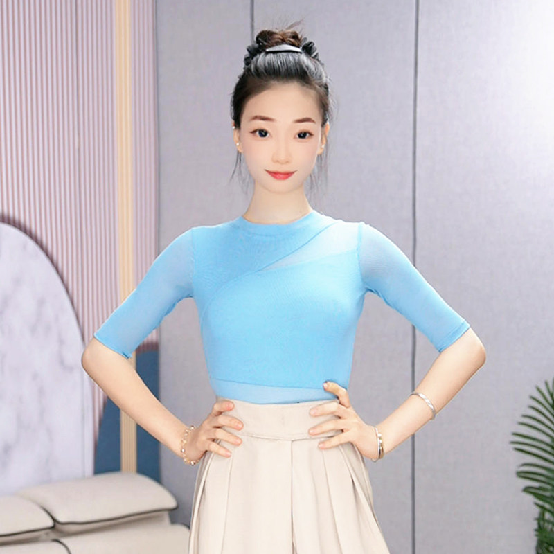 绚悦拉丁舞服夏季连体网纱中袖时尚修身圆领上衣摩登舞训练专业服