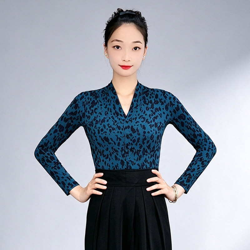 豹纹V领长袖摩登舞连体上衣女