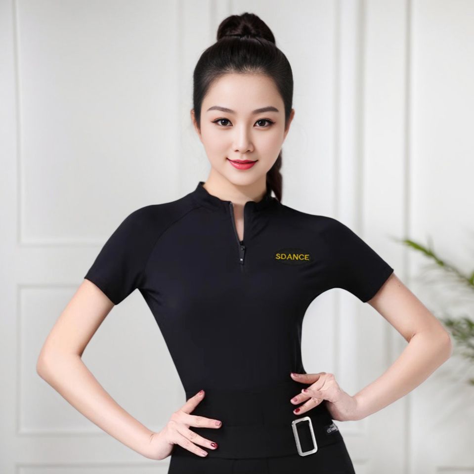 拉丁舞上衣女春夏新款拉链立领舞蹈服团体演出表演服短袖跳舞上衣