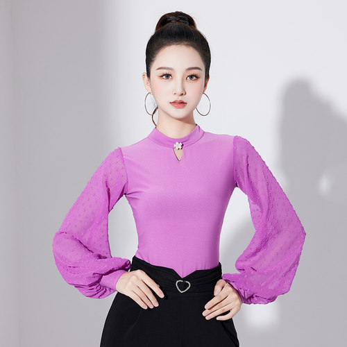 0摩登舞灯笼袖舞蹈服女士护脖小高领国标舞服连体长袖华尔兹上衣