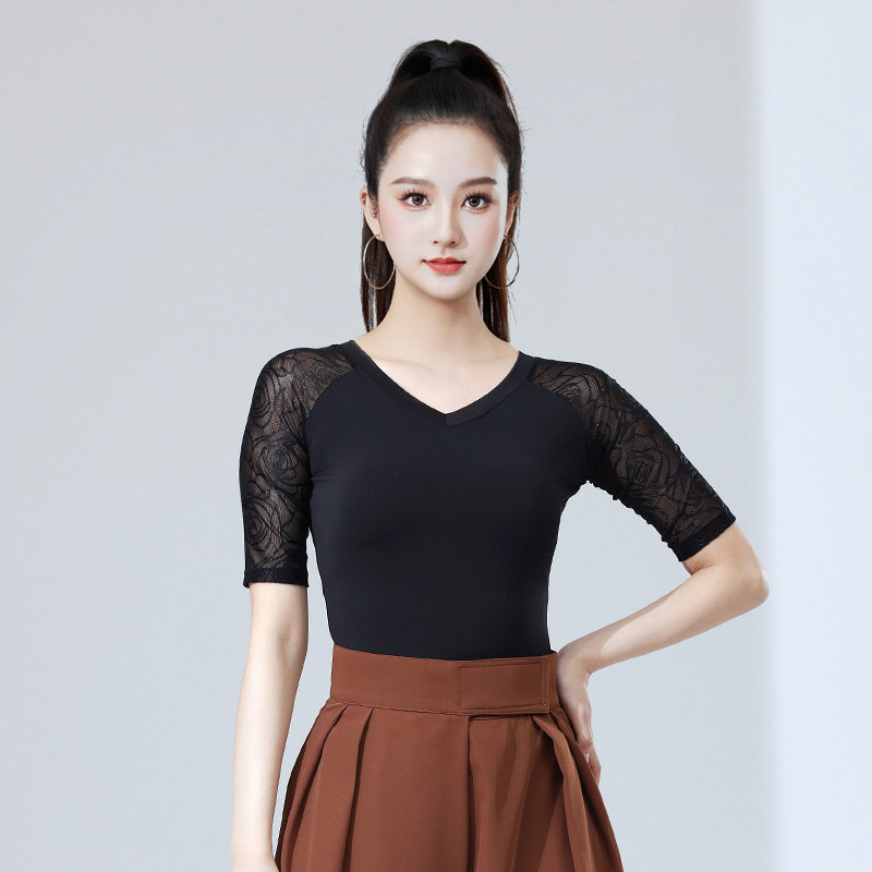 拉丁舞上衣女成人拼接插肩袖修身摩登舞上衣交谊舞服薄款镂空V领