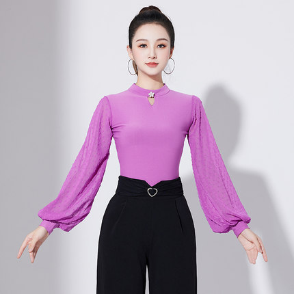 摩登舞灯笼袖舞蹈服女新款形体服国标秋冬连体长袖交谊舞上衣女