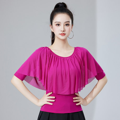 摩登舞蹈上衣夏季短袖女成人性感荷叶边圆领拉丁上衣交谊舞练功服