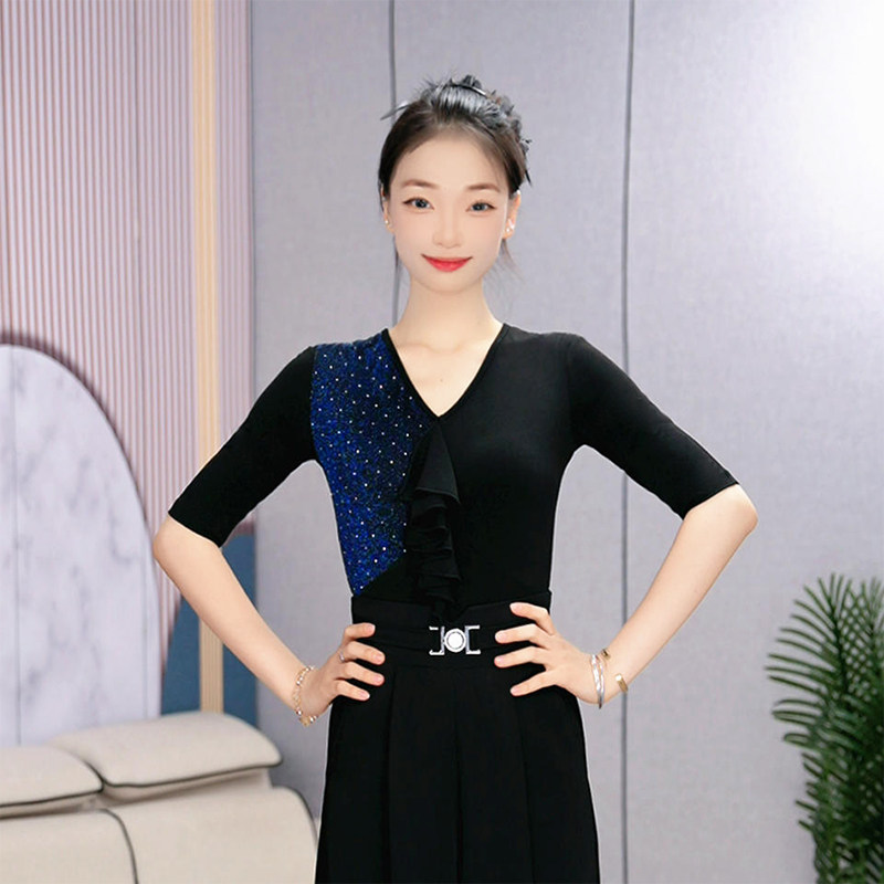 绚悦摩登舞服时尚新款V领中袖优雅拉丁舞国标舞修身练功演出上衣