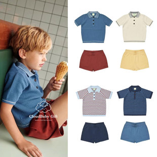 上衣短裤 2025春夏fub男童有机棉华夫提花翻领polo衫 针织条纹短袖