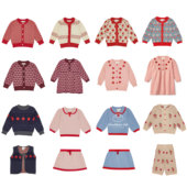 2025秋冬新款 FL女童复古风草莓蝴蝶结苹果针织毛衣花朵连衣裙