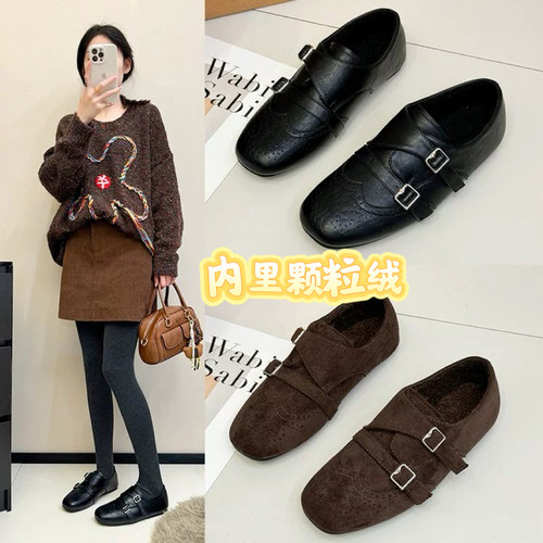冬季新款深口金属扣雕花方口加绒单鞋布单鞋深口绒面一脚蹬软底女