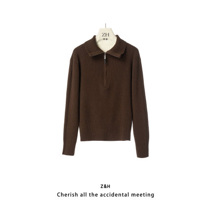 ZH【冷杉语】翻领针织女装拉链设计师毛针织衫