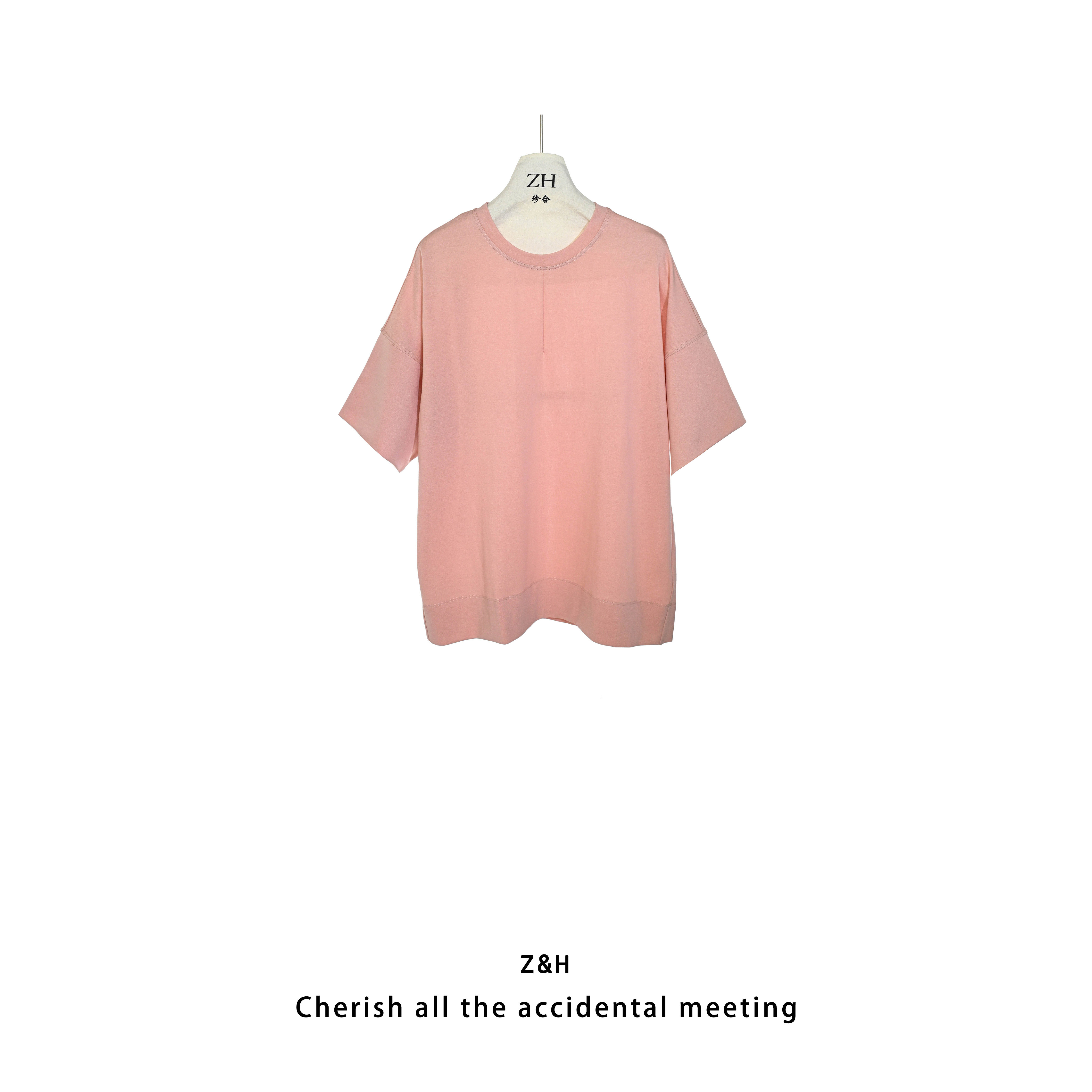 ZH【风铃轻羽】简约百搭宽松圆领短袖纯色女上衣