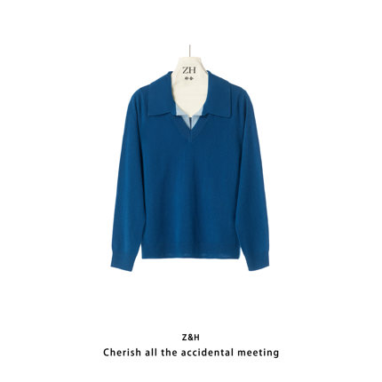 ZH【觅冬】翻领polo衫女长袖针织毛衣休闲风上衣