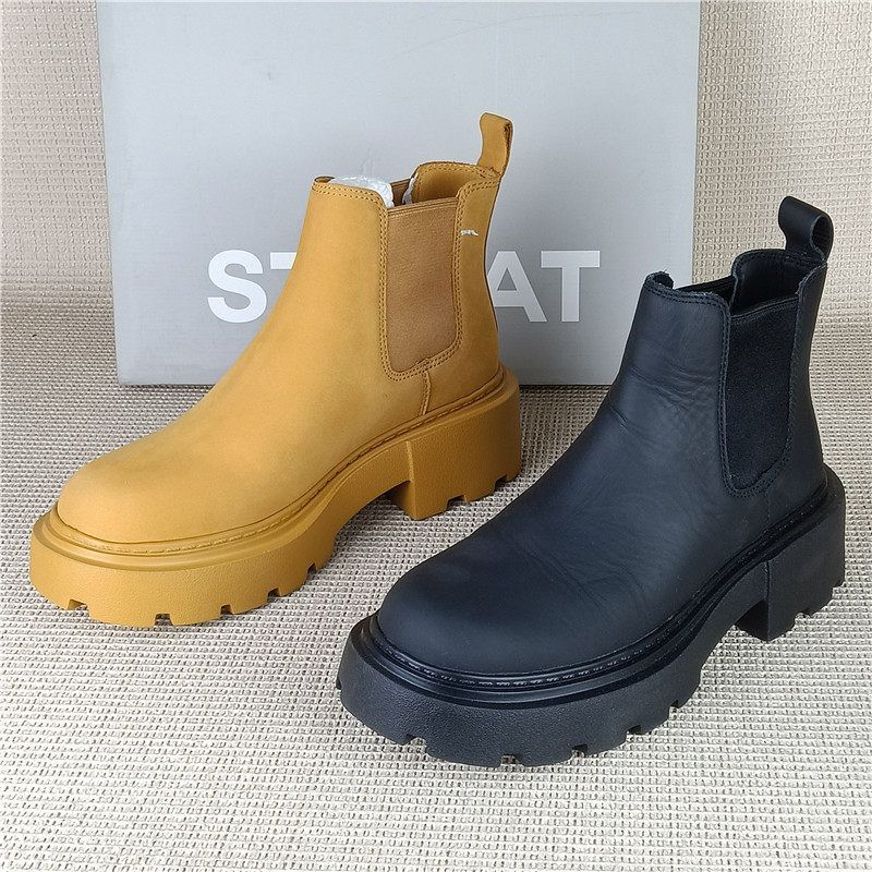 星期六专柜撤柜断码处理真皮女靴粗跟百搭圆头套筒靴单里厚底短靴