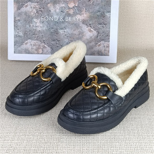 St&Sat星期六加绒乐福鞋女冬季保暖厚底羊毛里一脚蹬单撤柜断码鞋