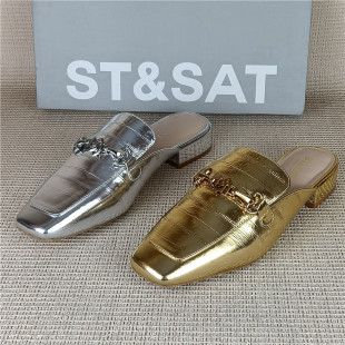 拖鞋 女方头低跟牛皮穆勒鞋 撤柜真皮包头拖鞋 ST&SAT星期六专柜正品