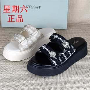 星期六正品撤柜断码女鞋松糕底一字拖沙滩鞋小香风厚底增高凉拖鞋