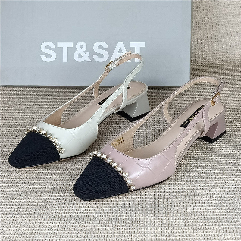星期六正品撤柜真皮女鞋后空凉鞋小香风春季粗跟牛皮日常百搭单鞋