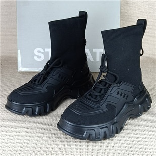 星期六正品撤柜断码黑色弹力袜靴女冬季厚底短靴圆头交叉绑带靴子