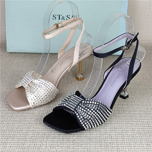 星期六专柜正品撤柜断码女鞋细高跟洋气百搭水钻一字带露趾女凉鞋