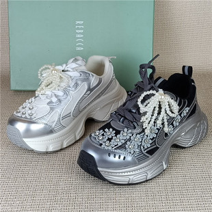 瑞贝卡正品撤柜女鞋水钻珍珠厚底老爹鞋女透气网面运动休闲鞋捡漏