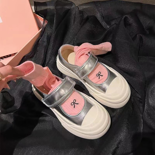 ⭐赵露思同款银色玛丽珍丑萌鞋女款真皮魔术贴休闲厚底大头帆布鞋