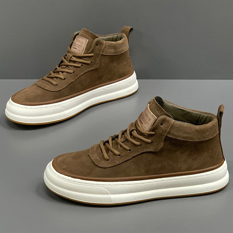男鞋2026新款春季时尚棉鞋翻毛真皮高帮休闲板鞋软底中帮男士短靴