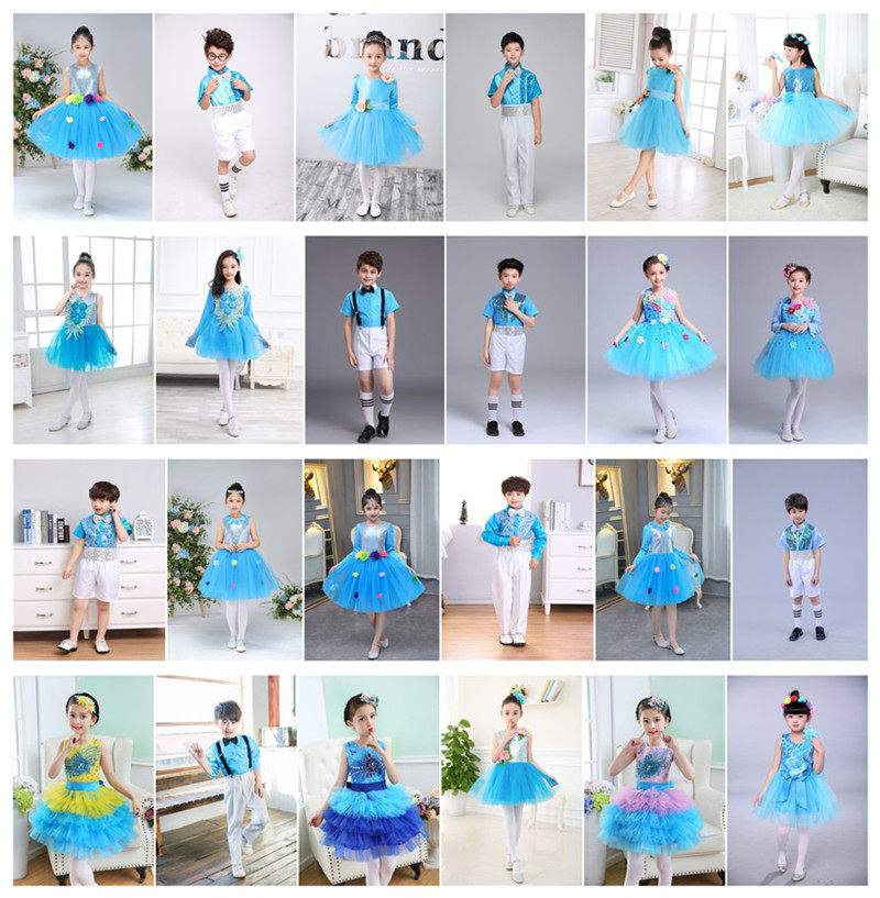 女童蓝色裙男生背带裤古筝演出服