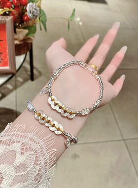 S925银纯银新款碎冰冰五币手链不褪色送礼盒礼袋1不退换