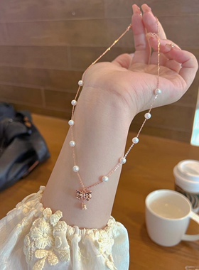 S925银珍珠蝴蝶结铃兰花项链生日礼物不褪色送礼盒礼袋顺丰7