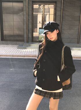 新款韩版加厚夹棉毛呢大衣冬呢子上衣显瘦短款立领黑色毛呢外套女