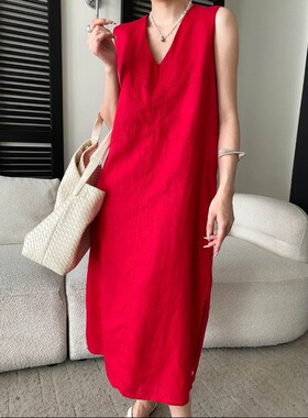 司南 智性开叉 100亚麻透气舒适V领宽松显瘦无袖连衣裙 SN8792